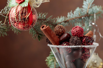  Assortment of fine chocolate candies in goblet.