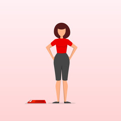 Fototapeta premium Slimming plan concept. A young girl or woman is standing next to the scales. Diet and proper nutrition