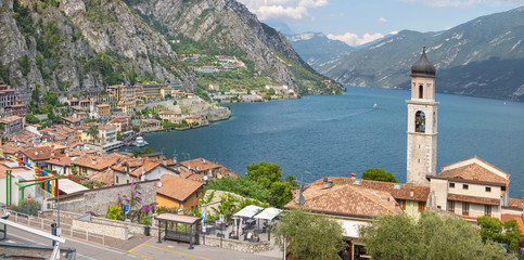 Fototapeta na wymiar Limone sul Garda - The little town under the alps rocks on the Lago di Garda lake.