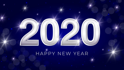 Happy New Year Banner with Silver 2020 Numbers on Bright Background with Flying Confetti and Streamers. Vector