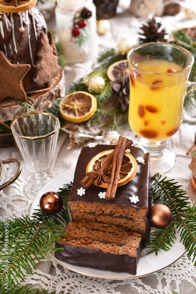 Wall mural traditional gingerbread cake with chocolate glaze and spices