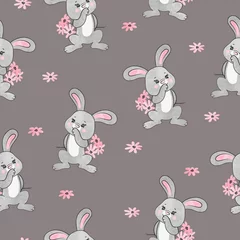 Wall murals Rabbit Seamless watercolor cute bunny pattern for kids. Vector illustration of rabbit with flowers.