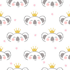 Seamless cartoon koala princess pattern. Baby print, kids textile.