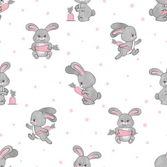 Seamless cute bunny with carrot pattern. Vector illustration of baby rabbits.