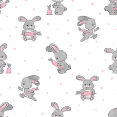 Tissu par mètre Lapin Lapin mignon sans couture avec motif carotte. Illustration vectorielle de bébés lapins.