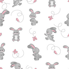 Schattige cartoon konijntje en vlinders naadloze vector patroon voor kinderen.