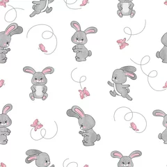 Foto op Plexiglas Schattige cartoon konijntje en vlinders naadloze vector patroon voor kinderen. © Afanasia