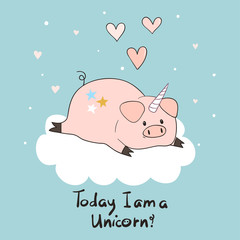 Cute pig unicorn on the cloud. Vector illustration, print for kids. © Afanasia