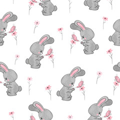 Seamless cute bunny pattern. Vector illustration of rabbit with flowers.