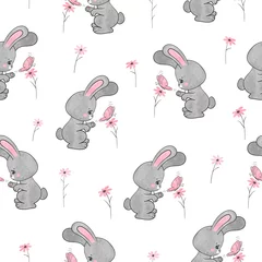 Wall murals Rabbit Seamless cute bunny pattern. Vector illustration of rabbit with flowers.