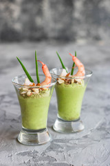 Avocado and green apple mousse with shrimp and almonds