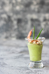 Avocado and green apple mousse with shrimp and almonds