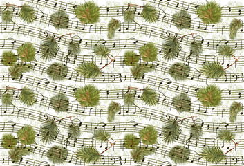Seamless background with notes, fir branches festive New Year