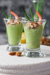 Avocado and green apple mousse with shrimp and almonds