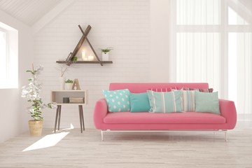 Stylish room in white color with pink sofa. Scandinavian interior design. 3D illustration