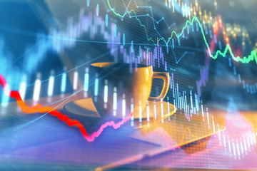 Stock market graph and table with computer background. Multi exposure. Concept of financial analysis.