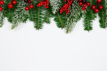Christmas and New Year holidays background. Winter decorated backdrop. Snow fir tree, fir tree and red berries on white background. Top view with copy space. Part of set.
