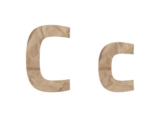 Letter C font alphabet Lettring isolated on white. Crumpled wrapping paper textured effect, crease crack bruising. Isolate paper letter