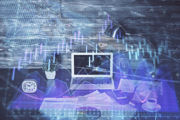 Multi exposure of forex graph and work space with computer. Concept of international online trading.
