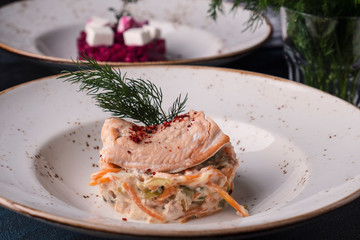 Fish salad with onion, carrot, beans and marinated cucumbers on a plate