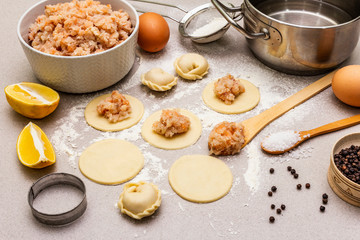 Fish dumplings. Ingredients for home cooking. Fresh dough, fish, spices, cooking equipment. Stone concrete background