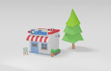 cute coffee low poly isometric shop and store ,building & pine tree flowerpot and board landscape geometric scene on white background cute shopping & minimal idea creative concept" 3d illustration"