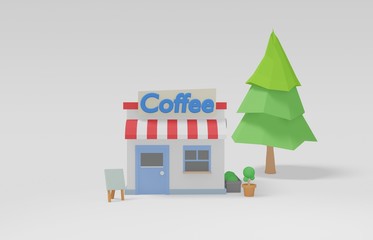 Fototapeta premium cute coffee low poly isometric shop and store ,building flowerpot and board landscape geometric scene on white background cute shopping & minimal idea creative concept