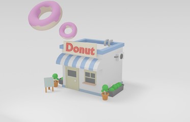 cute donut front isometric shop and store ,low poly building flower pot and board landscape geometric scene on white background cute shopping & minimal idea creative concept