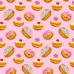 Hand drawn watercolor seamless pattern of colorful donuts (doughnuts), isolated on colorful background. Sufganiyah. Israel pastry. Traditional Hanukkah dessert.