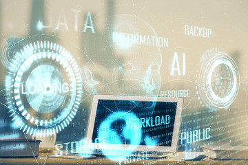 Technology theme drawing and work space with computer. Double exposure. Concept of innovation.