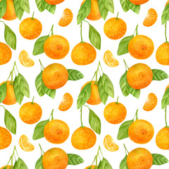 Watercolor tangerine seamless pattern. Hand drawn botanical illustration of mandarin fruits and slices with leaves. Citrus plants isolated on white background for design, textile, package, wrapping