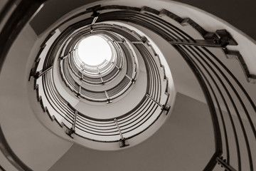 Modern spiral staircase in black and white, black and white photo, architecture photography