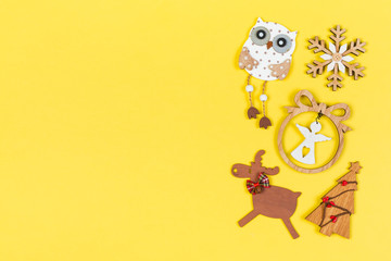 Top view of Christmas decorations on colorful background. New Year composition concept with empty space for your design