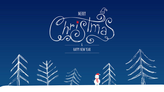 Stock Vector Merry Christmas banner or card. Happy new year Template with white christmas trees, snowman and hand-drawn inscription on classic blue background. Horizontal christmas poster, greeting 