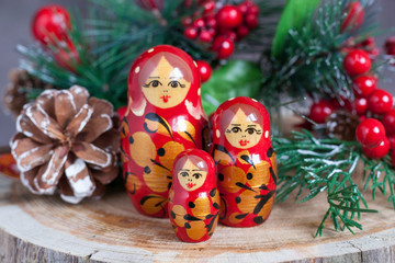 Russian nesting doll and christmas tree. Matryoshka doll