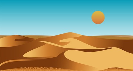 Uninhabited African desert with sand dunes and scorching sun in sky. Summer landscape or scenery with barchans. Natural decorative background template. Colorful flat cartoon vector illustration. © Богдан Скрипник