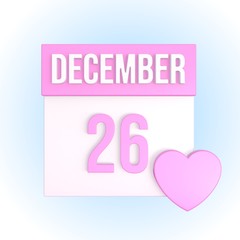 December 26 romantic calendar with pink heart. Love anniversary concept. Relationship date. 3d illustration