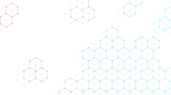 Technology abstract lines and dots connect background with hexagons. Hexagons connection digital data and big data concept. Hex digital data visualization. Vector illustration.