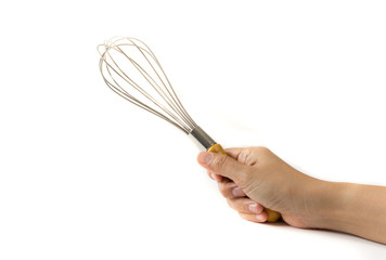 Metal whisk in hand on white.