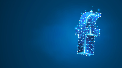 Alphabet letter F. Design of a lowercase letter. Banner, template or a pattern. Abstract digital wireframe, low poly mesh, Raster blue neon 3d illustration. Triangle, line, dot