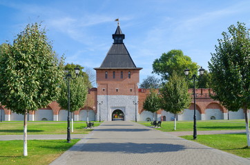 Fototapeta premium Tula, Russia - September 12, 2019: View of the tower of the Ivanovsky gate in the Tula Kremlin