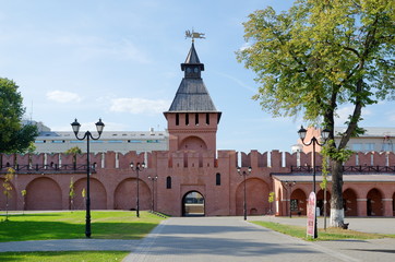 Tula, Russia - September 12, 2019: The tower of the Pyatninskie gate in the Tula Kremlin