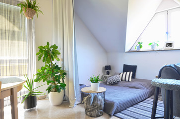 Cozy interior of bedroom with  double mattress with grey color and modern design. Scandinavian style and minimalism. Cozy indoors.