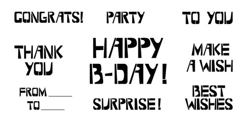 Set of Birthday celebration stencil lettering.  Congrats, Party, To You, Thank You, Make a Wish  From To, Surprise, Best Wishes, Happy Birthday  graffiti on white background. 