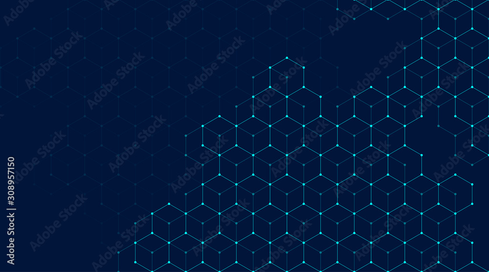 Poster Abstract lines and dots connect background with hexagons. Hexagons connection digital data and big data concept. Hex digital data visualization. Vector illustration