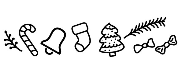 Set of line Christmas icons and decorations, new year isolated contour objects.