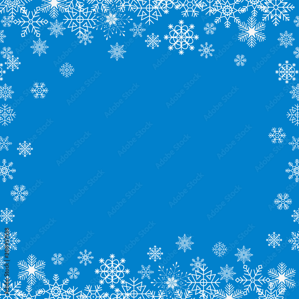Poster Blue background in white frame with snowflakes, vector pattern