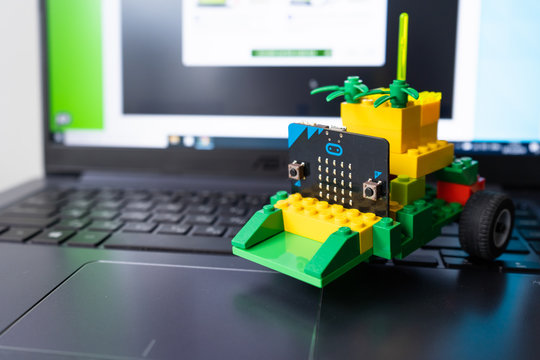 Minsk, Belarus. November, 2019. The BBC robot Micro Bit and lego car. It can be programming on Scratch or Python. Creative, coding, learning, teaching easy and fun. STEM and STEAM education. AI. DIY.