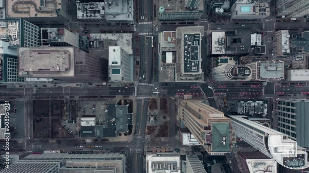 Poster Aerial vertical overhead view of main shopping destination street in Chicago. Skyscrapers with rooftops