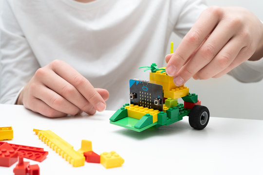 Minsk, Belarus. November, 2019. The BBC robot Micro Bit and lego car. It can be programming on Scratch or Python. Creative, coding, learning, teaching easy and fun. STEM and STEAM education. AI. DIY.